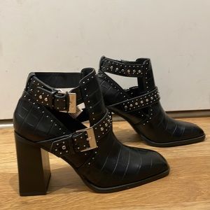 Black Studded Zara Heeled Cutout Boots with Buckles and Croc Texture